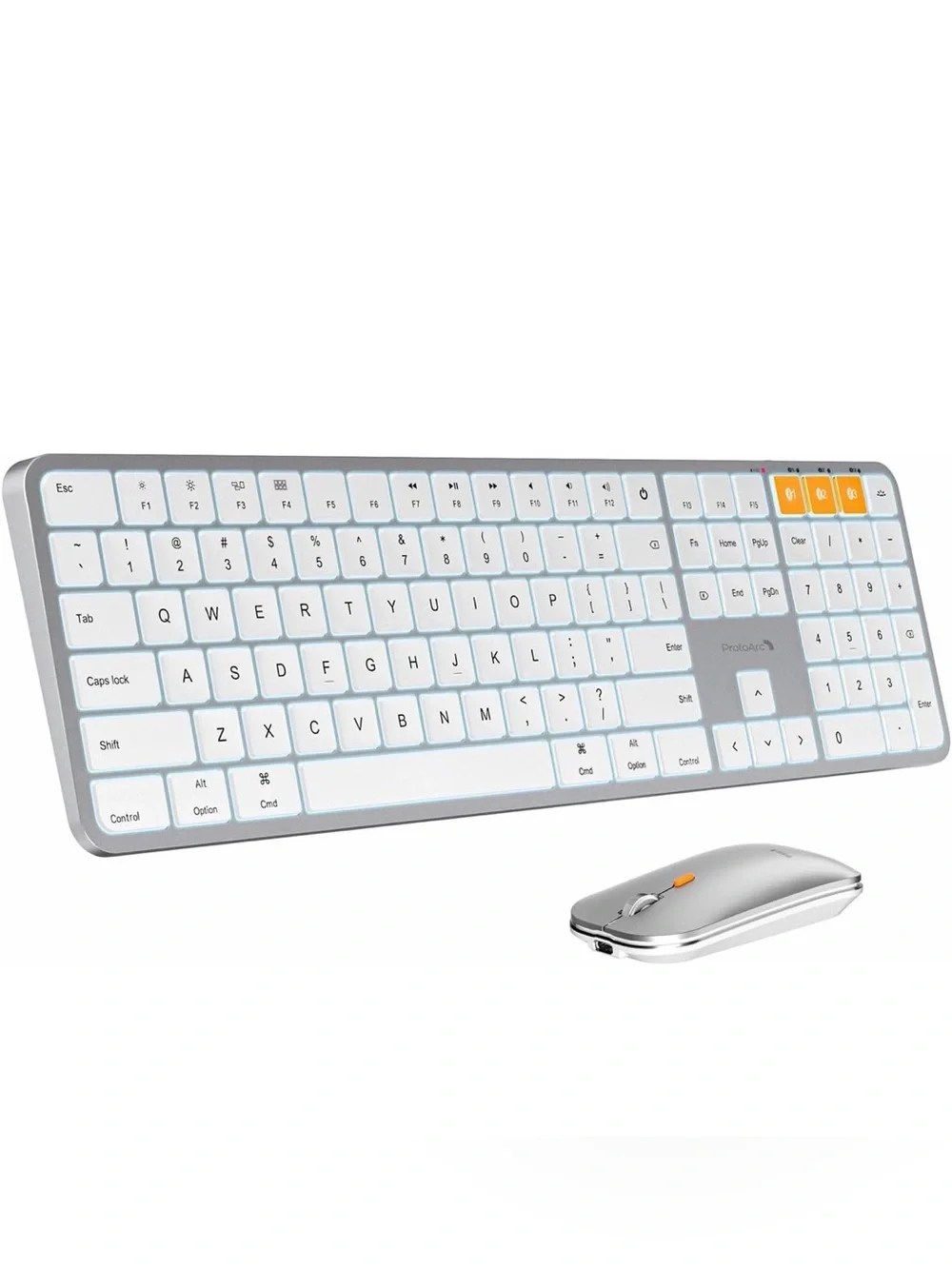 New ProtoArc KM100-A Backlit Bluetooth Keyboard and Mouse for Mac, White Silver